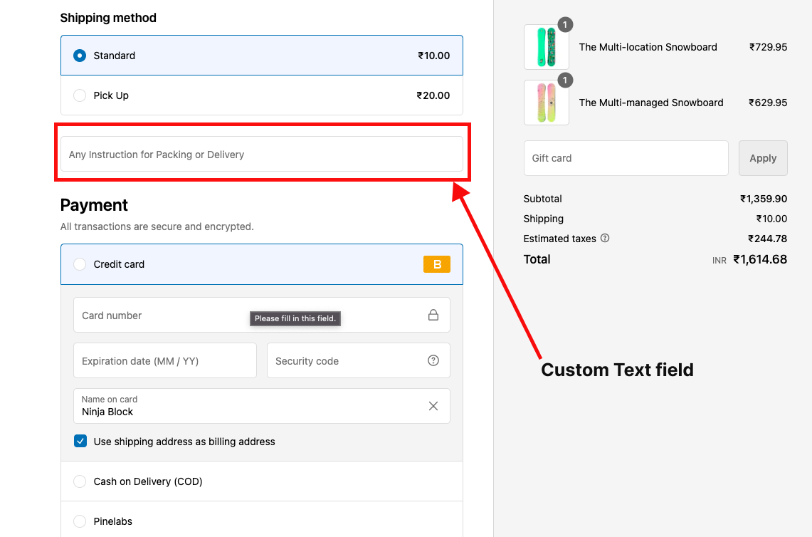 Display On the Checkout page